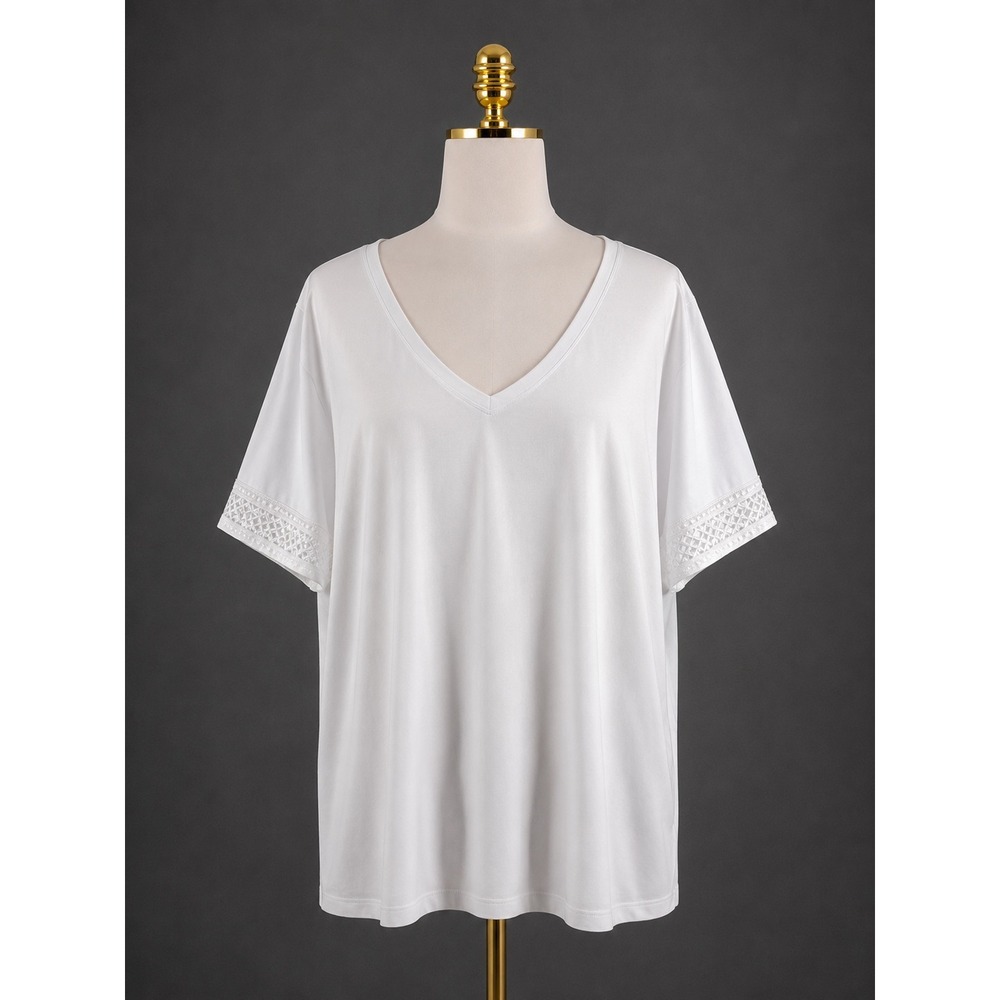 Susan Graver Weekend Cotton Modal Elbow Sleeve Top Crochet Trim 3X White A575895